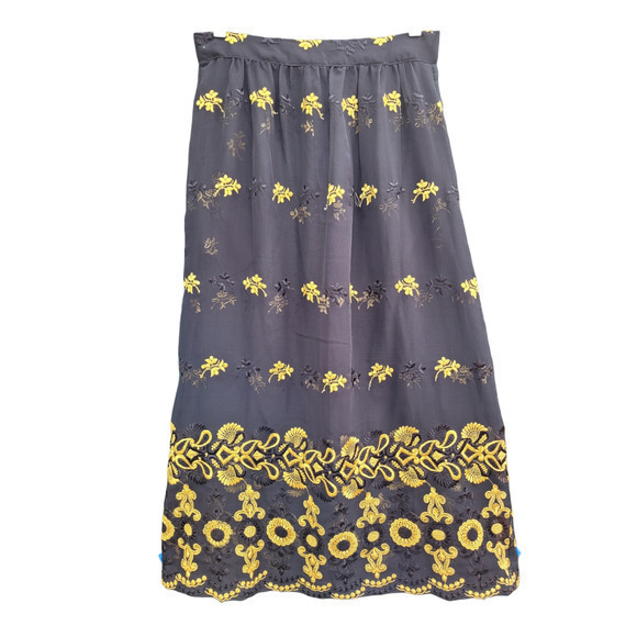 Vintage Black Gold‎ Sheer Baroque Embroidered Gathered Zipper Back Maxi Skirt - Picture 1 of 11